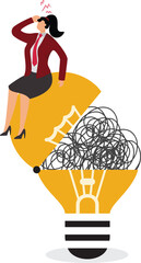 Difficulty in solving problems, out of ideas concept, too many complicated thoughts, confused businesswoman opens the dead light bulb idea containing a coil of stress messy lines