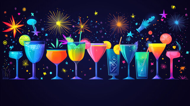 Set of various party glasses on black background. Hand drawn line elements for night party festival.