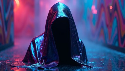 mysterious shadowy ghost figure cloaked in a shimmering oil slick reflecting iridescent hues purple ghost coming out 