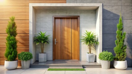 Fototapeta premium Sleek wooden door and stylish planters define this minimalist home's modern entryway.