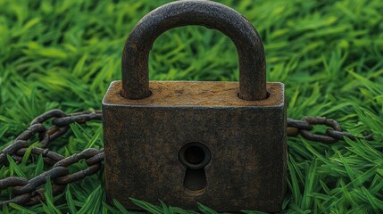 A padlock and chain resting on a vivid green grass background, emphasizing security outdoors