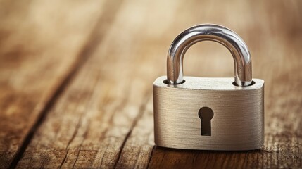 Fototapeta premium A padlock with a keyhole close-up, lying on a wooden-textured background in sepia tones