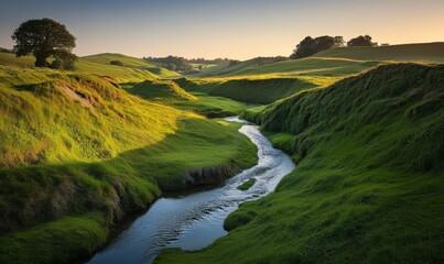 Obraz premium gentle stream flowing through a verdant valley surrounded by hills, landscape with water, water features, nature photography