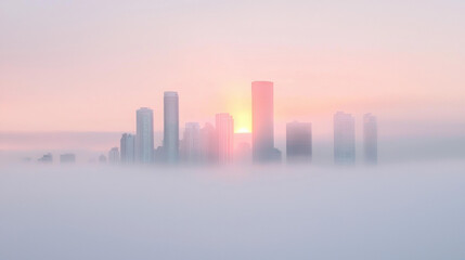 Naklejka premium serene city skyline emerges through soft fog at sunrise, creating tranquil atmosphere