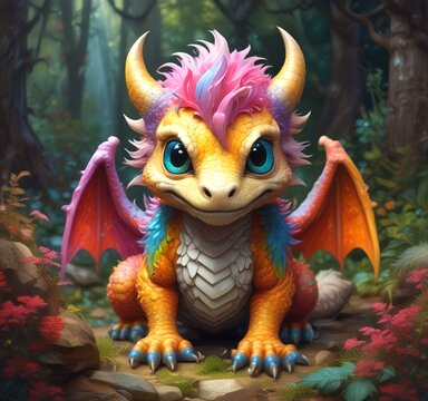 Illustration of fluffy tiny dragon baby.