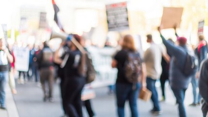 Political Awareness Protest Blur: A blurred scene of people raising awareness about political issues at a protest.	
