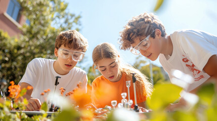 Young students engaged in outdoor science experiments, exploring nature