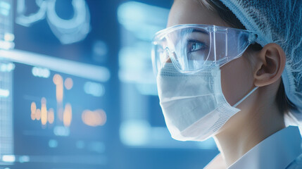 Healthcare professional wearing protective gear, focused on digital display