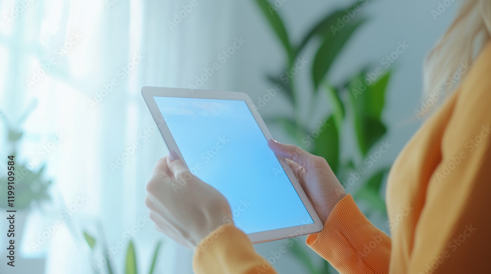 Poster person holds tablet displaying data analytics in bright room with plants