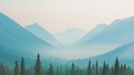 Obraz premium serene mountain landscape with misty valleys and evergreen trees creates tranquil atmosphere