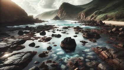 A rocky coastline dotted with tidal pools