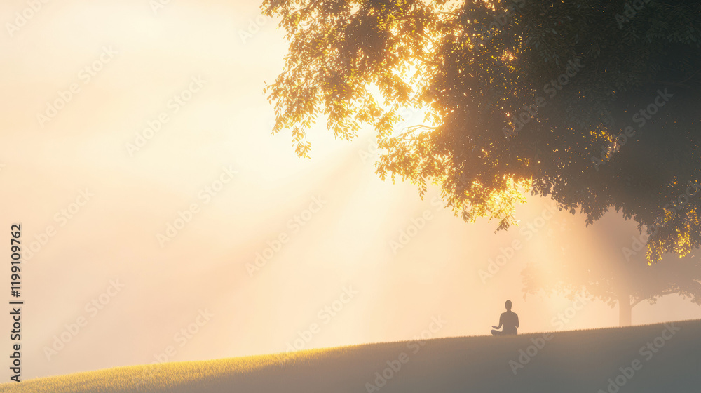 Poster serene scene of person meditating under tree in soft sunlight. tranquil atmosphere evokes peace and 