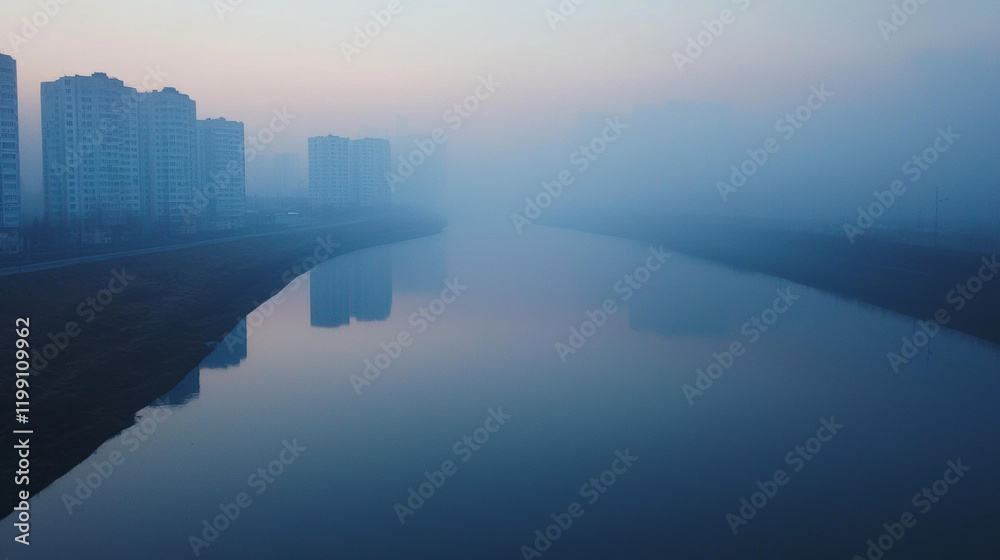 Poster misty river landscape with buildings in background, creating serene atmosphere