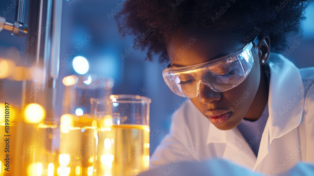 Poster focused scientist in laboratory with test tubes and glowing liquids