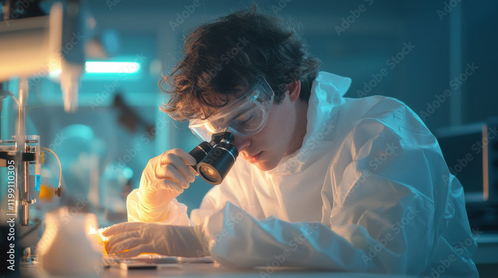 Poster laboratory scientist examining samples under microscope in protective gear