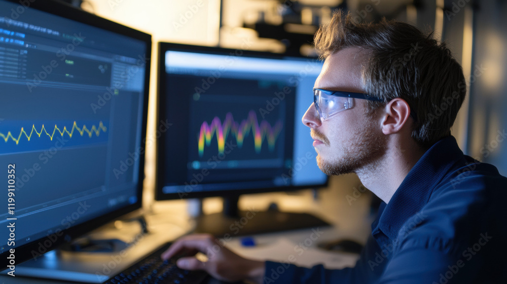 Aufkleber Man analyzing data on computer screens, focused on graphs and statistics