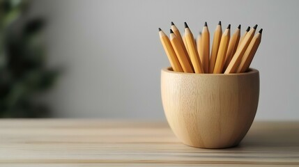 Obraz premium Wooden pencils in holder on desk, office background