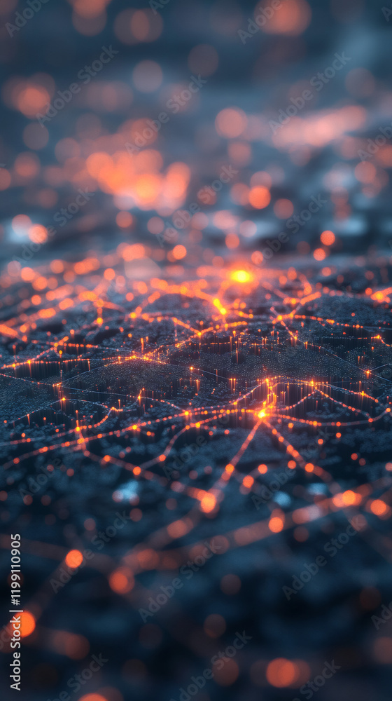 Poster creating a complex network of interconnected city lights, forming a vibrant and futuristic urban lan