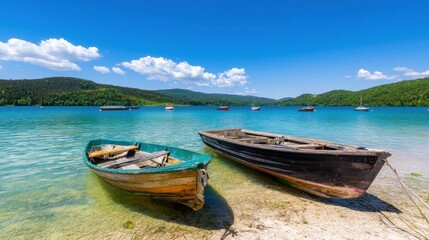 Naklejka premium Tranquil lake scene with boats
