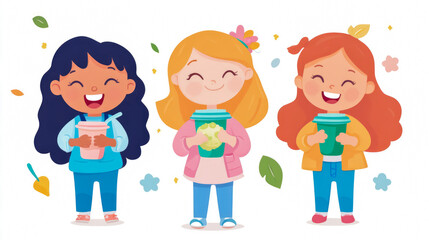 Happy Girls Enjoying Autumn Beverages: Illustration of Three Smiling Children with Drinks