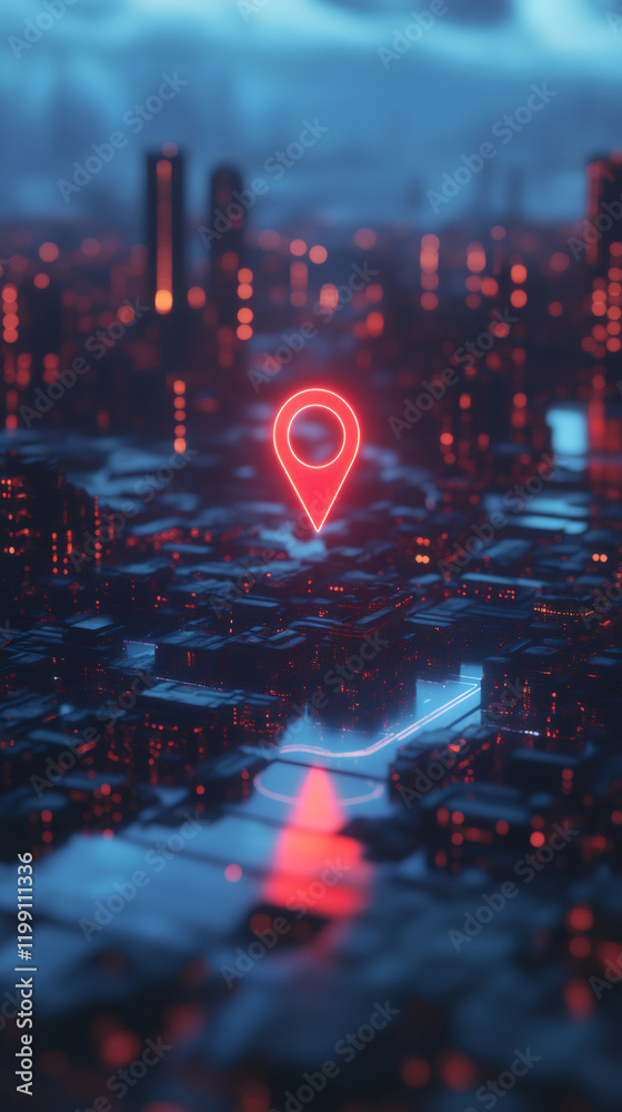 Poster Glowing red location pin hovering above a futuristic cyberpunk city with neon lights and dark atmosphere
