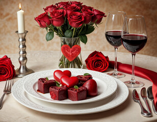 Festive table setting, menu design for Valentine's Day, cutlery with a heart on a plate and glasses with red wine, festive composition with a bouquet of red roses, kitchen background. Selective focus