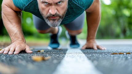 Intense man performing push-ups on a paved path in a park during daylight hours