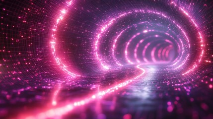 A vibrant, illuminated tunnel with swirling pink lights and reflections, suggesting a futuristic journey