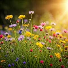 Obraz premium A colorful array of wildflowers bathed in fresh dew. 