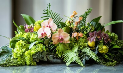 Fototapeta premium Lush green foliage and exotic orchids arranged in a beautiful floral centerpiece, centerpiece, lush, foliage, green