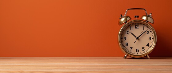 Vintage alarm clock on wooden table against orange background