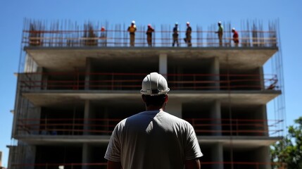 Construction worker observing a building under construction
