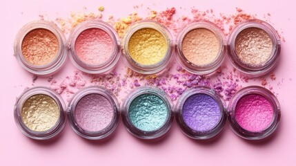 Naklejka premium Eyeshadows in various shades placed on a soft pink background, showing vibrant colors