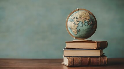 Globe on antique books, teal wall background; education, travel, research