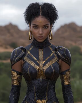 Futuristic warrior woman in golden armor