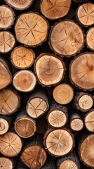 Stacked pine wood cut tree trunks are displayed in a close-up view, highlighting the intricate textures and patterns of the wood. Natural lighting enhances the overall appearance and depth