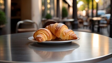 Brushed aluminum table with croissants and butter. French caf&eacute; street bokeh background.