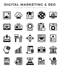 Digital Marketing & SEO Icon Pack 25 Vector Symbols for Web Design.