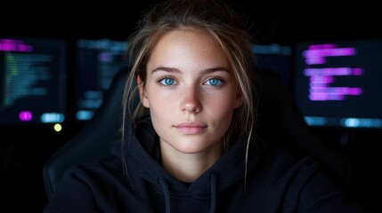 Obraz premium Portrait of a young woman programmer working late at night