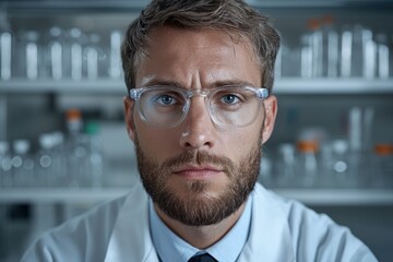 Fototapeta premium Portrait of a serious scientist in a lab coat