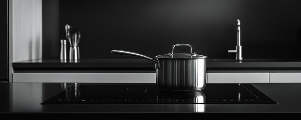 Minimalist stainless steel pot on modern induction stovetop in black and white kitchen setting.