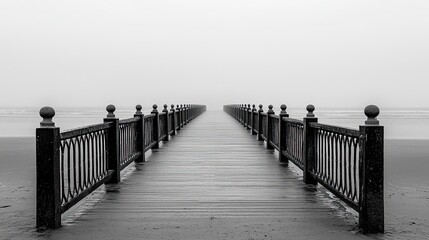 Obraz premium Misty pier walkway seaside black and white