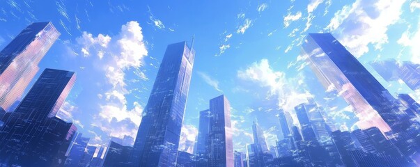 Modern architecture skyscrapers reflecting sky and clouds in urban cityscape.