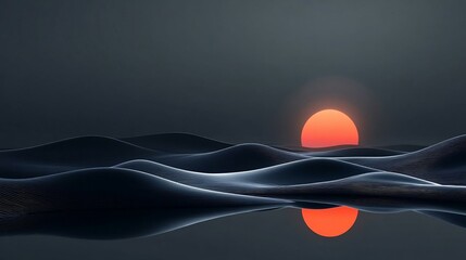 Minimalist digital landscape with serene black waves reflecting an intense orange sun on the horizon.