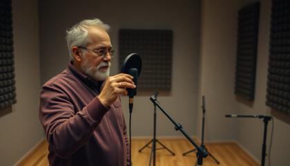 A senior man speaks into a microphone in a soundproof recording studio. The image highlights professionalism, creativity, and expertise in audio production.