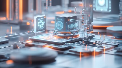 Futuristic data cube, digital city, tech interface.