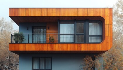 Modern wood-clad house exterior, balcony, autumn trees