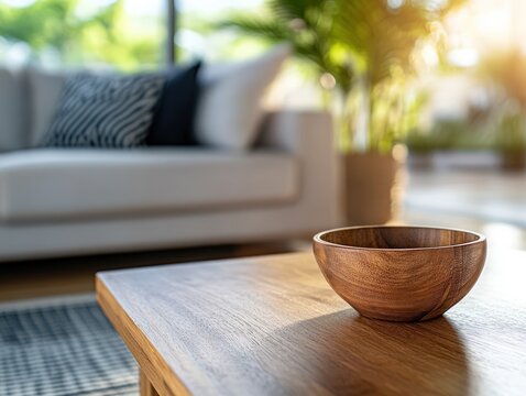 Wooden Bowl on a Coffee Table in a Modern Living Room
