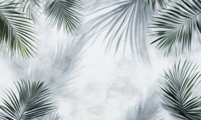 Gray shadow of natural palm leaf abstract background falling on white concrete wall texture for background and wallpaper.