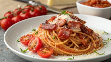 Spaghetti alla Amatriciana with pancetta bacon, tomatoes and pecorino cheese.